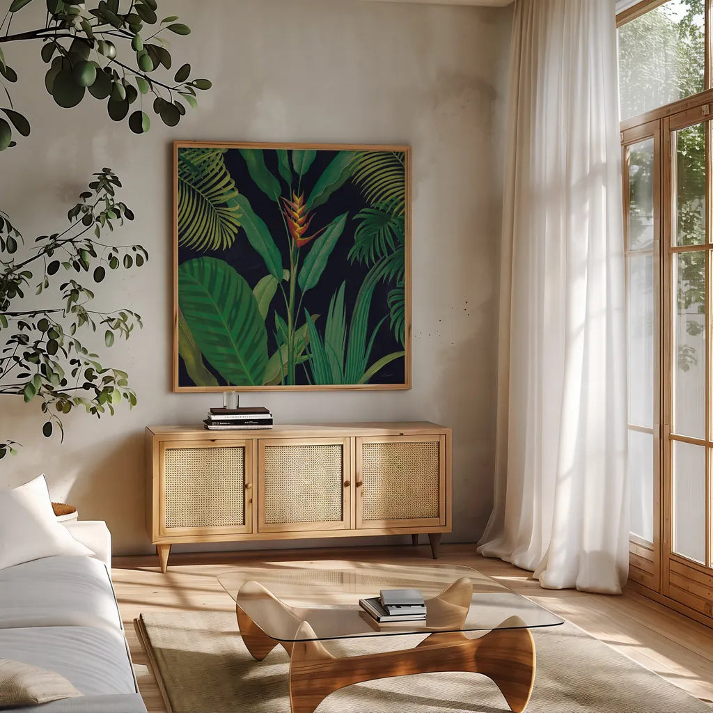 Dramatic Tropical II by Sue Schlabach. Shown in a natural wood frame in a cozy modern living room. Available as an archival giclee rolled canvas, fine art paper, or poster print. SKU 50354a.