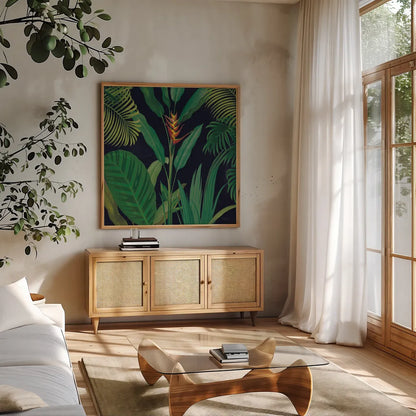 Dramatic Tropical II by Sue Schlabach. Shown in a natural wood frame in a cozy modern living room. Available as an archival giclee rolled canvas, fine art paper, or poster print. SKU 50354a.
