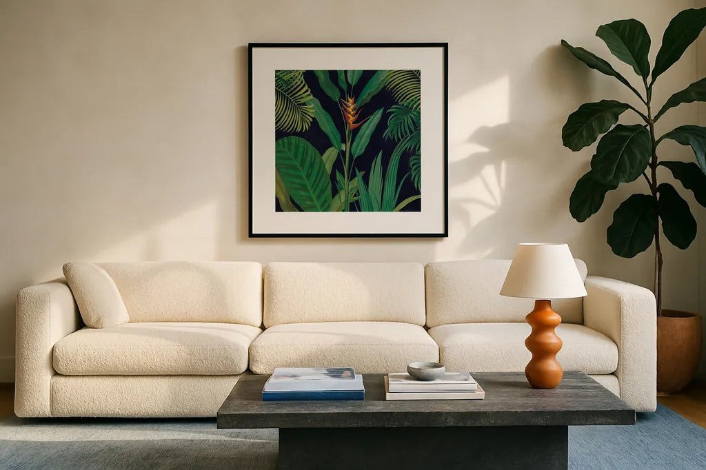 Dramatic Tropical II by Sue Schlabach. Displayed in a glass frame with matte in a clean modern living room. Available as an archival giclee rolled canvas, fine art paper, or poster print. SKU 50354a.