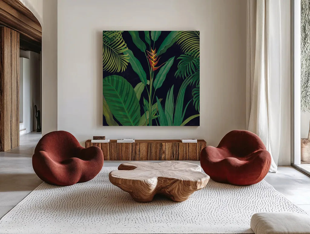 Dramatic Tropical II by Sue Schlabach. Shown as extra-large giant wall art in a modern living room. Available as an archival giclee rolled canvas, fine art paper, or poster print. SKU 50354a.