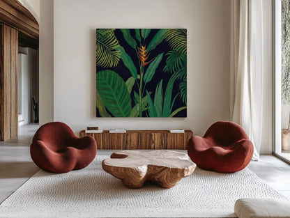 Dramatic Tropical II by Sue Schlabach. Shown as extra-large giant wall art in a modern living room. Available as an archival giclee rolled canvas, fine art paper, or poster print. SKU 50354a.