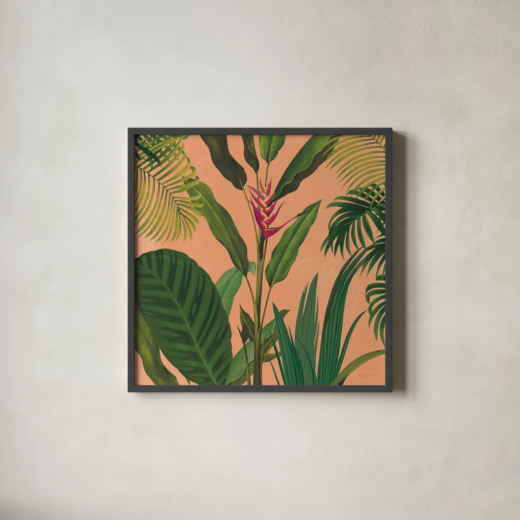 Dramatic Tropical II Boho by Sue Schlabach. Shown in a sleek black glass frame for a contemporary gallery look. Available as an archival giclee rolled canvas, fine art paper, or poster print. SKU 69956a.