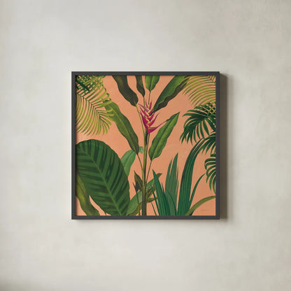 Dramatic Tropical II Boho by Sue Schlabach. Shown in a sleek black glass frame for a contemporary gallery look. Available as an archival giclee rolled canvas, fine art paper, or poster print. SKU 69956a.