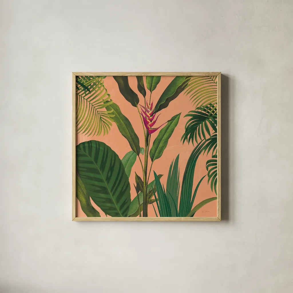 Dramatic Tropical II Boho by Sue Schlabach. Shown in a natural wood glass frame for a timeless modern aesthetic. Available as an archival giclee rolled canvas, fine art paper, or poster print. SKU 69956a.