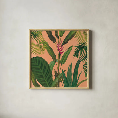 Dramatic Tropical II Boho by Sue Schlabach. Shown in a natural wood glass frame for a timeless modern aesthetic. Available as an archival giclee rolled canvas, fine art paper, or poster print. SKU 69956a.