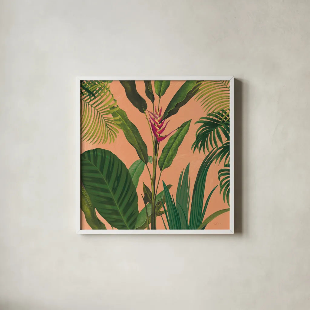Dramatic Tropical II Boho by Sue Schlabach. Shown in a crisp white glass frame for a clean and minimalist style. Available as an archival giclee rolled canvas, fine art paper, or poster print. SKU 69956a.