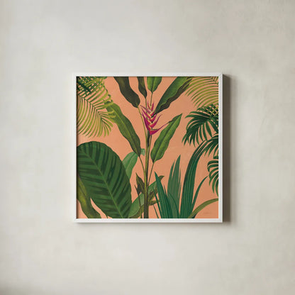 Dramatic Tropical II Boho by Sue Schlabach. Shown in a crisp white glass frame for a clean and minimalist style. Available as an archival giclee rolled canvas, fine art paper, or poster print. SKU 69956a.