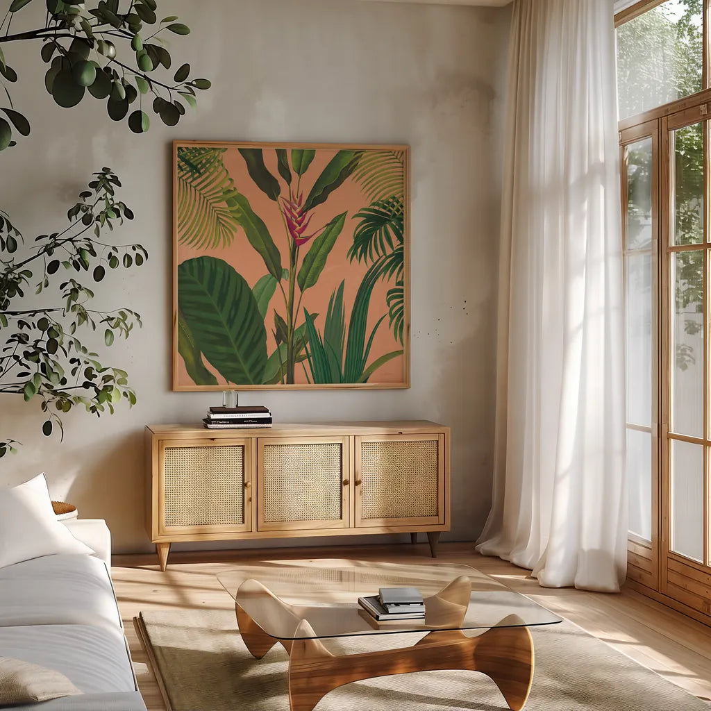 Dramatic Tropical II Boho by Sue Schlabach. Shown in a natural wood frame in a cozy modern living room. Available as an archival giclee rolled canvas, fine art paper, or poster print. SKU 69956a.