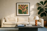 Dramatic Tropical II Boho by Sue Schlabach. Displayed in a glass frame with matte in a clean modern living room. Available as an archival giclee rolled canvas, fine art paper, or poster print. SKU 69956a.