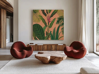 Dramatic Tropical II Boho by Sue Schlabach. Shown as extra-large giant wall art in a modern living room. Available as an archival giclee rolled canvas, fine art paper, or poster print. SKU 69956a.