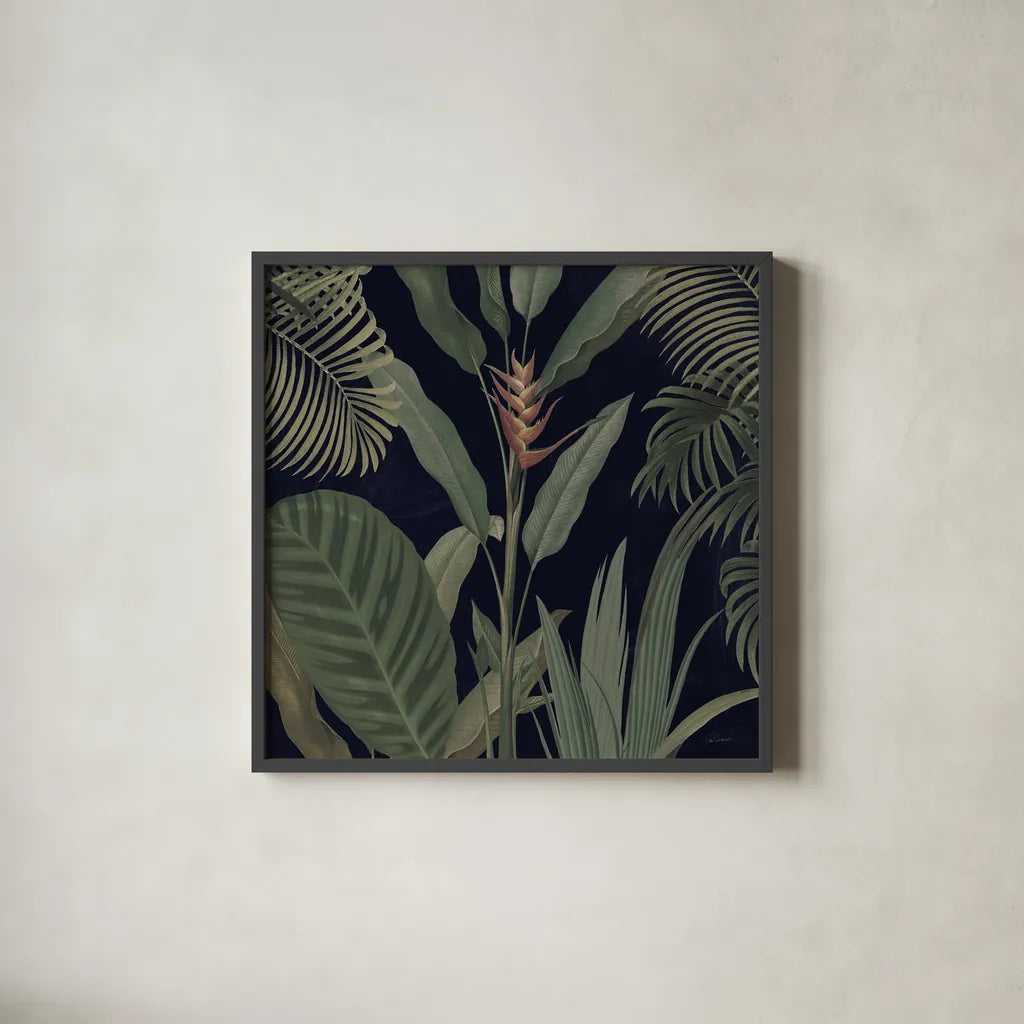 Dramatic Tropical II Light by Sue Schlabach. Shown in a sleek black glass frame for a contemporary gallery look. Available as an archival giclee rolled canvas, fine art paper, or poster print. SKU 51215a.