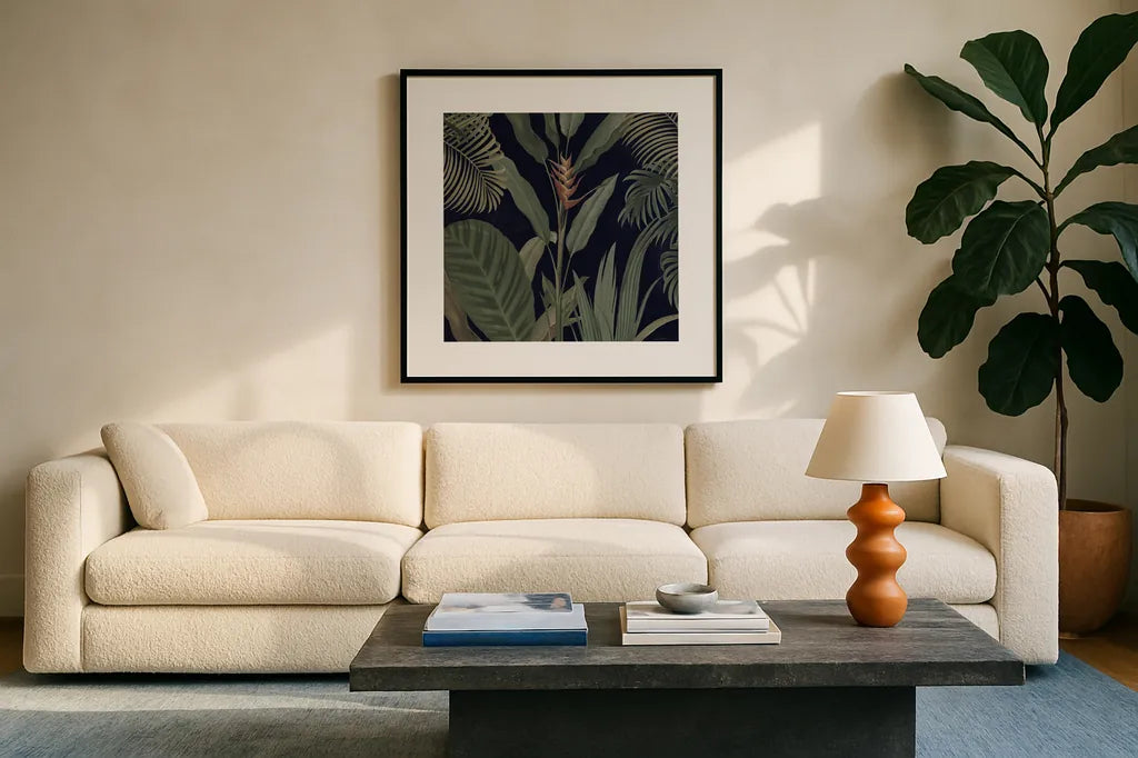 Dramatic Tropical II Light by Sue Schlabach. Displayed in a glass frame with matte in a clean modern living room. Available as an archival giclee rolled canvas, fine art paper, or poster print. SKU 51215a.