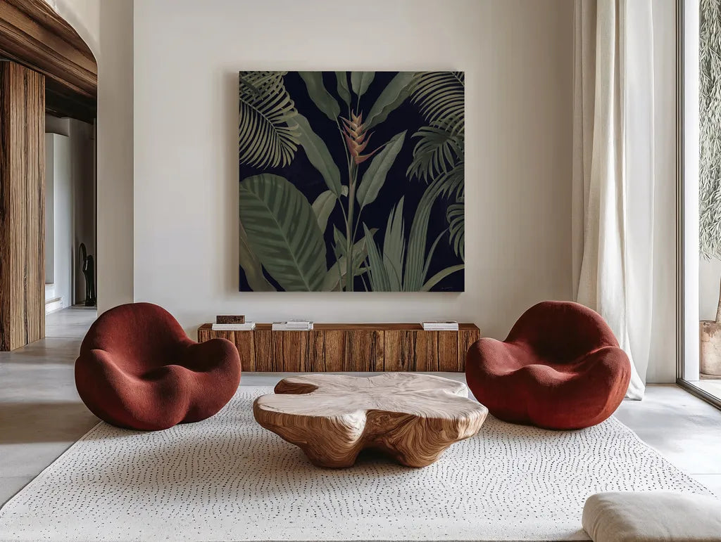 Dramatic Tropical II Light by Sue Schlabach. Shown as extra-large giant wall art in a modern living room. Available as an archival giclee rolled canvas, fine art paper, or poster print. SKU 51215a.