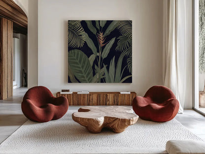 Dramatic Tropical II Light by Sue Schlabach. Shown as extra-large giant wall art in a modern living room. Available as an archival giclee rolled canvas, fine art paper, or poster print. SKU 51215a.