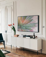 Dream Desert I by Sue Schlabach. shown as a framed stretched canvas in a living room above a console. Available as a archival giclee rolled canvas, fine art paper, or poster print. SKU 35492i.