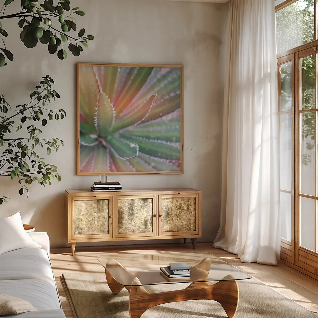 Dream Desert I Crop by Sue Schlabach. Shown in a natural wood frame in a cozy modern living room. Available as an archival giclee rolled canvas, fine art paper, or poster print. SKU 35492a.