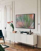 Dream Desert II by Sue Schlabach. shown as a framed stretched canvas in a living room above a console. Available as a archival giclee rolled canvas, fine art paper, or poster print. SKU 35493i.