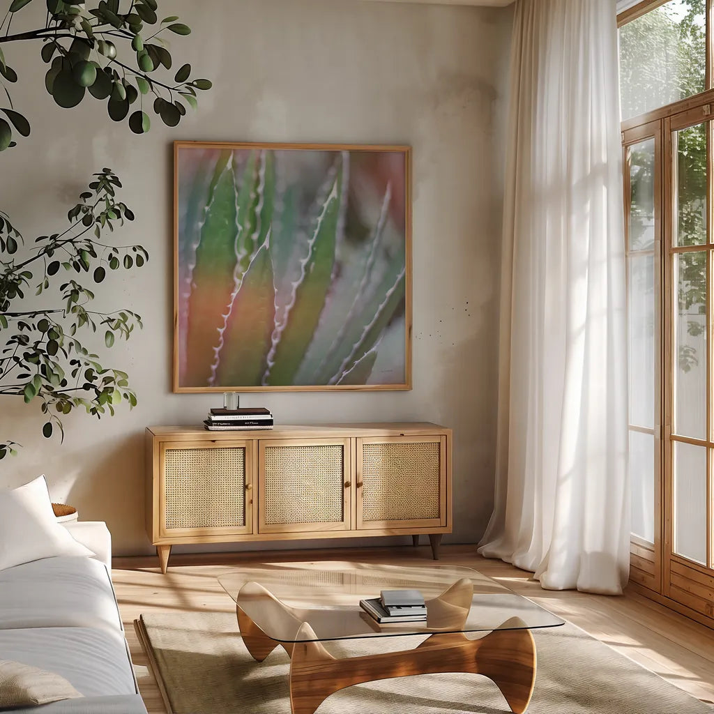 Dream Desert III Crop by Sue Schlabach. Shown in a natural wood frame in a cozy modern living room. Available as an archival giclee rolled canvas, fine art paper, or poster print. SKU 35494a.