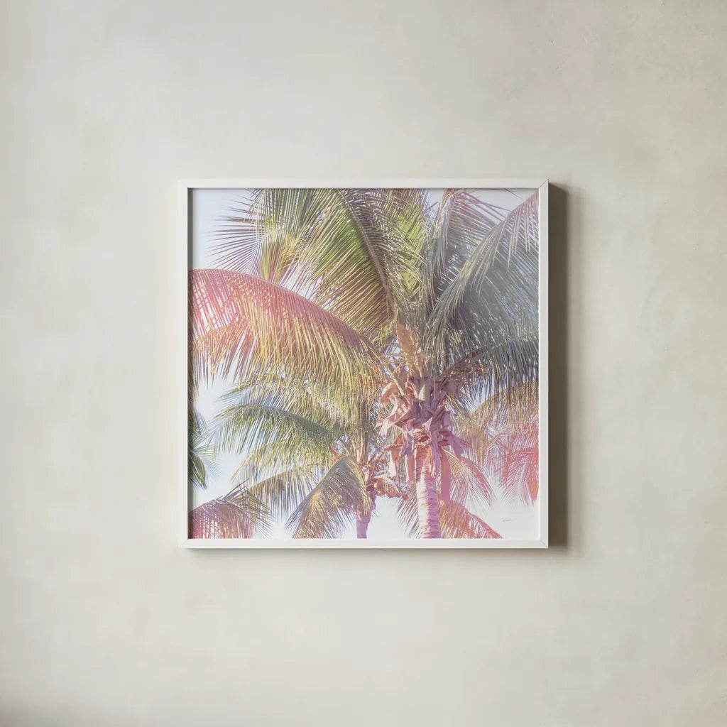 Dream Palm I Crop by Sue Schlabach. Shown in a crisp white glass frame for a clean and minimalist style. Available as an archival giclee rolled canvas, fine art paper, or poster print. SKU 34378a.