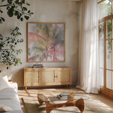 Dream Palm I Crop by Sue Schlabach. Shown in a natural wood frame in a cozy modern living room. Available as an archival giclee rolled canvas, fine art paper, or poster print. SKU 34378a.
