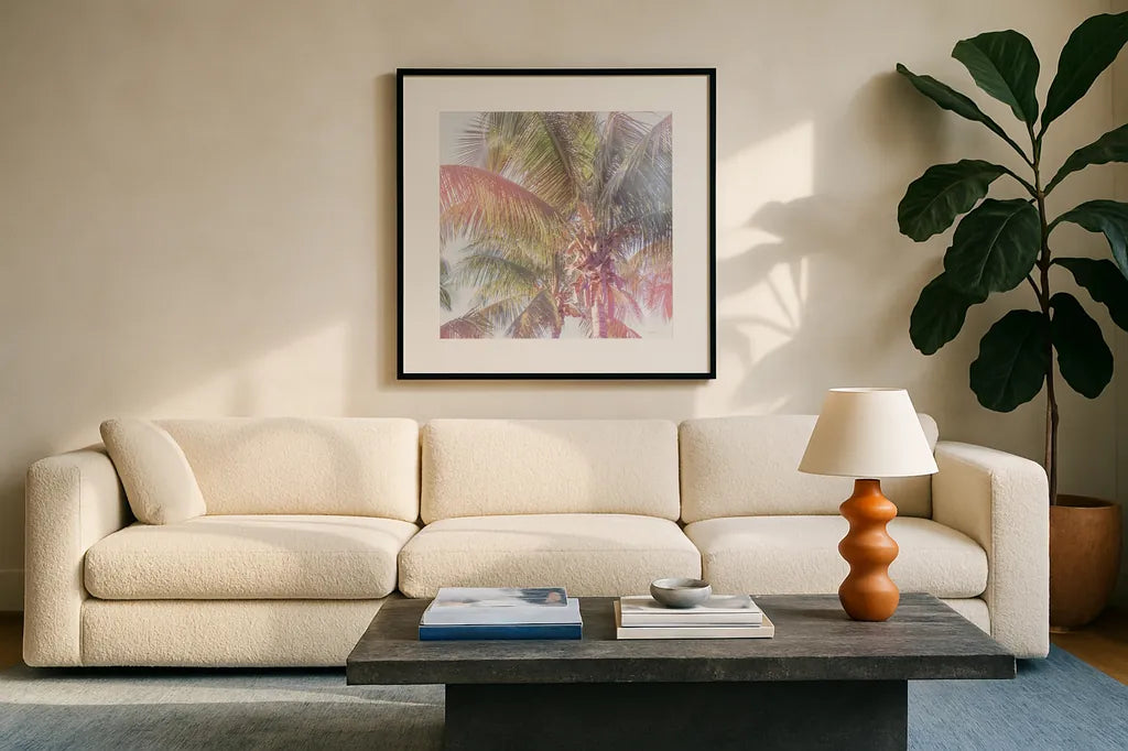Dream Palm I Crop by Sue Schlabach. Displayed in a glass frame with matte in a clean modern living room. Available as an archival giclee rolled canvas, fine art paper, or poster print. SKU 34378a.