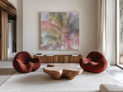 Dream Palm I Crop by Sue Schlabach. Shown as extra-large giant wall art in a modern living room. Available as an archival giclee rolled canvas, fine art paper, or poster print. SKU 34378a.