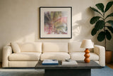 Dream Palm II by Sue Schlabach. Displayed in a glass frame with matte in a clean modern living room. Available as an archival giclee rolled canvas, fine art paper, or poster print. SKU 34379a.