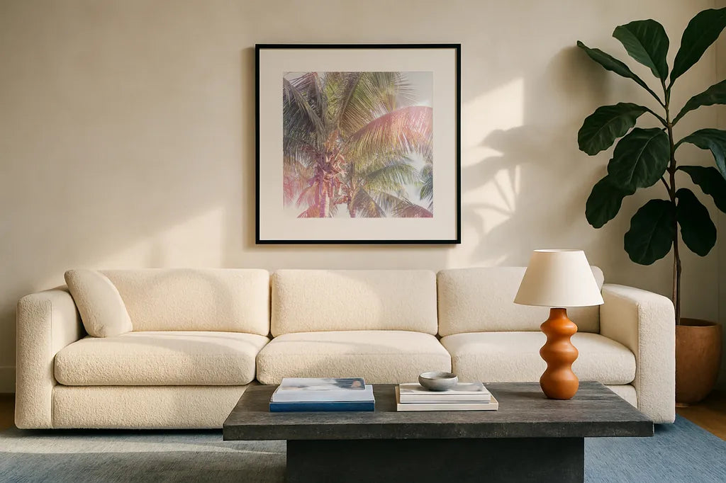 Dream Palm II by Sue Schlabach. Displayed in a glass frame with matte in a clean modern living room. Available as an archival giclee rolled canvas, fine art paper, or poster print. SKU 34379a.