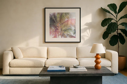 Dream Palm II by Sue Schlabach. Displayed in a glass frame with matte in a clean modern living room. Available as an archival giclee rolled canvas, fine art paper, or poster print. SKU 34379a.
