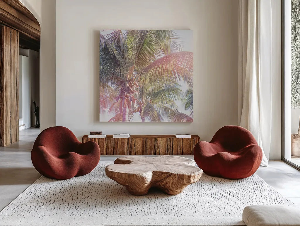 Dream Palm II by Sue Schlabach. Shown as extra-large giant wall art in a modern living room. Available as an archival giclee rolled canvas, fine art paper, or poster print. SKU 34379a.