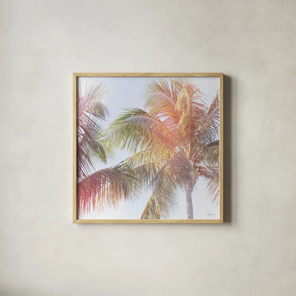 Dream Palm III by Sue Schlabach. Shown in a natural wood glass frame for a timeless modern aesthetic. Available as an archival giclee rolled canvas, fine art paper, or poster print. SKU 34380a.