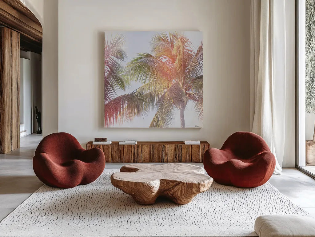 Dream Palm III by Sue Schlabach. Shown as extra-large giant wall art in a modern living room. Available as an archival giclee rolled canvas, fine art paper, or poster print. SKU 34380a.