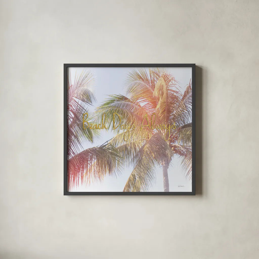 Dream Palm III Beach Days by Sue Schlabach. Shown in a sleek black glass frame for a contemporary gallery look. Available as an archival giclee rolled canvas, fine art paper, or poster print. SKU 36335a.