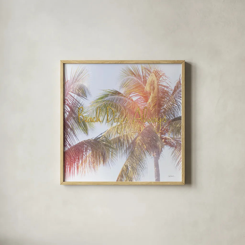 Dream Palm III Beach Days by Sue Schlabach. Shown in a natural wood glass frame for a timeless modern aesthetic. Available as an archival giclee rolled canvas, fine art paper, or poster print. SKU 36335a.