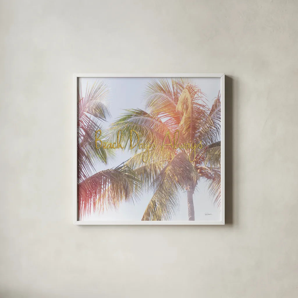 Dream Palm III Beach Days by Sue Schlabach. Shown in a crisp white glass frame for a clean and minimalist style. Available as an archival giclee rolled canvas, fine art paper, or poster print. SKU 36335a.