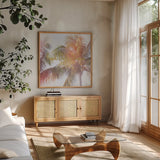 Dream Palm III Beach Days by Sue Schlabach. Shown in a natural wood frame in a cozy modern living room. Available as an archival giclee rolled canvas, fine art paper, or poster print. SKU 36335a.