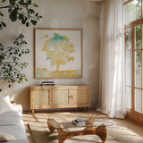 Dream Tree I by Sue Schlabach. Shown in a natural wood frame in a cozy modern living room. Available as an archival giclee rolled canvas, fine art paper, or poster print. SKU 28257a.
