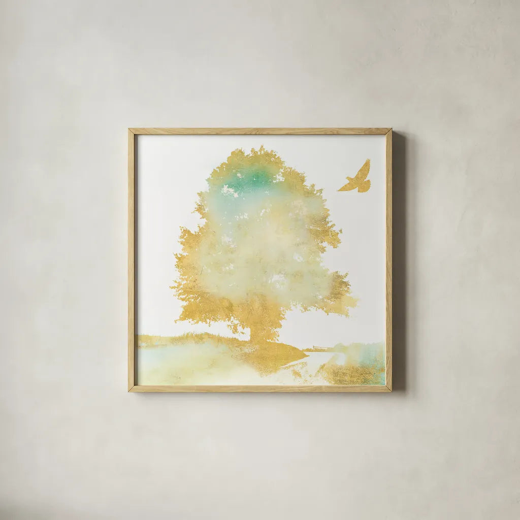 Dream Tree II by Sue Schlabach. Shown in a natural wood glass frame for a timeless modern aesthetic. Available as an archival giclee rolled canvas, fine art paper, or poster print. SKU 28258a.