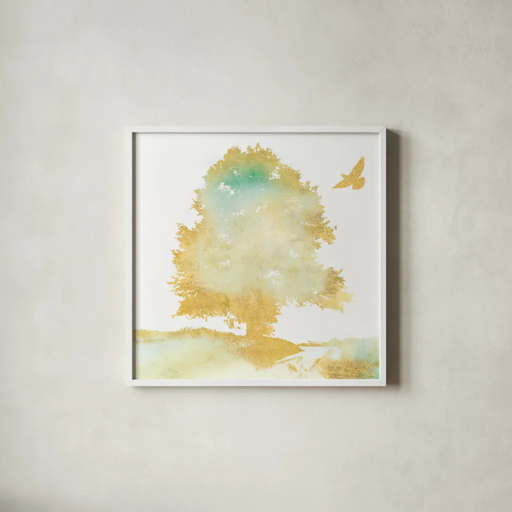 Dream Tree II by Sue Schlabach. Shown in a crisp white glass frame for a clean and minimalist style. Available as an archival giclee rolled canvas, fine art paper, or poster print. SKU 28258a.