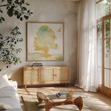 Dream Tree II by Sue Schlabach. Shown in a natural wood frame in a cozy modern living room. Available as an archival giclee rolled canvas, fine art paper, or poster print. SKU 28258a.