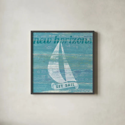 Drift Sailboat by Sue Schlabach. Shown in a sleek black glass frame for a contemporary gallery look. Available as an archival giclee rolled canvas, fine art paper, or poster print. SKU 18845a.