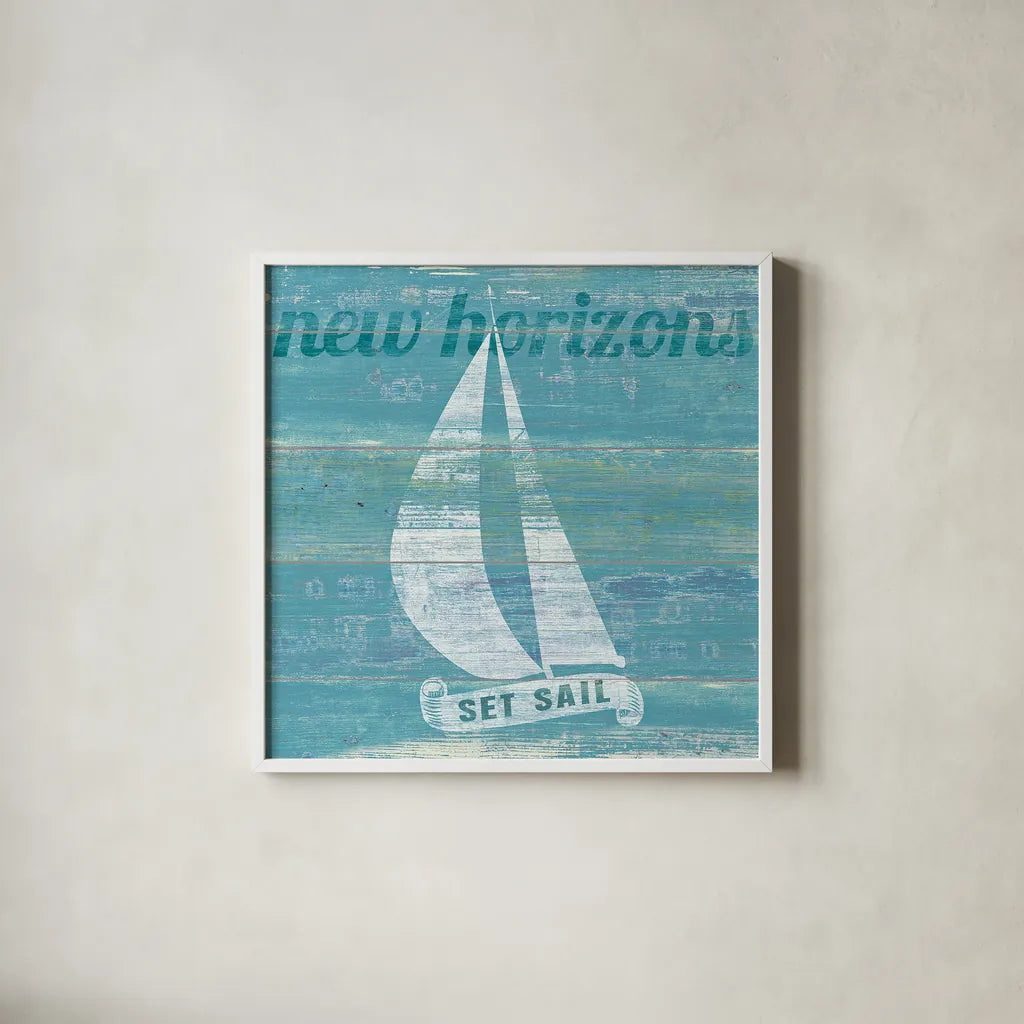 Drift Sailboat by Sue Schlabach. Shown in a crisp white glass frame for a clean and minimalist style. Available as an archival giclee rolled canvas, fine art paper, or poster print. SKU 18845a.