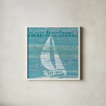 Drift Sailboat by Sue Schlabach. Shown in a crisp white glass frame for a clean and minimalist style. Available as an archival giclee rolled canvas, fine art paper, or poster print. SKU 18845a.