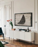 Driftwood Coast I by Sue Schlabach. shown as a framed stretched canvas in a living room above a console. Available as a archival giclee rolled canvas, fine art paper, or poster print. SKU 48728i.