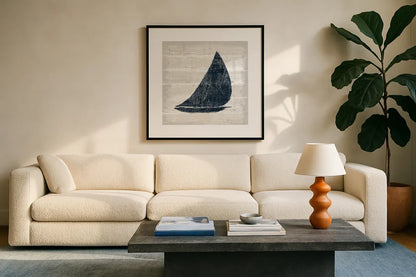 Driftwood Coast I Blue by Sue Schlabach. Displayed in a glass frame with matte in a clean modern living room. Available as an archival giclee rolled canvas, fine art paper, or poster print. SKU 62598a.