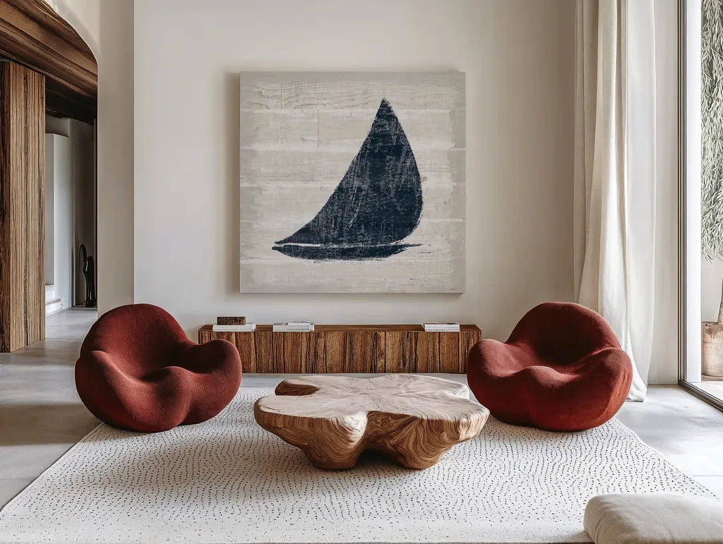 Driftwood Coast I Blue by Sue Schlabach. Shown as extra-large giant wall art in a modern living room. Available as an archival giclee rolled canvas, fine art paper, or poster print. SKU 62598a.