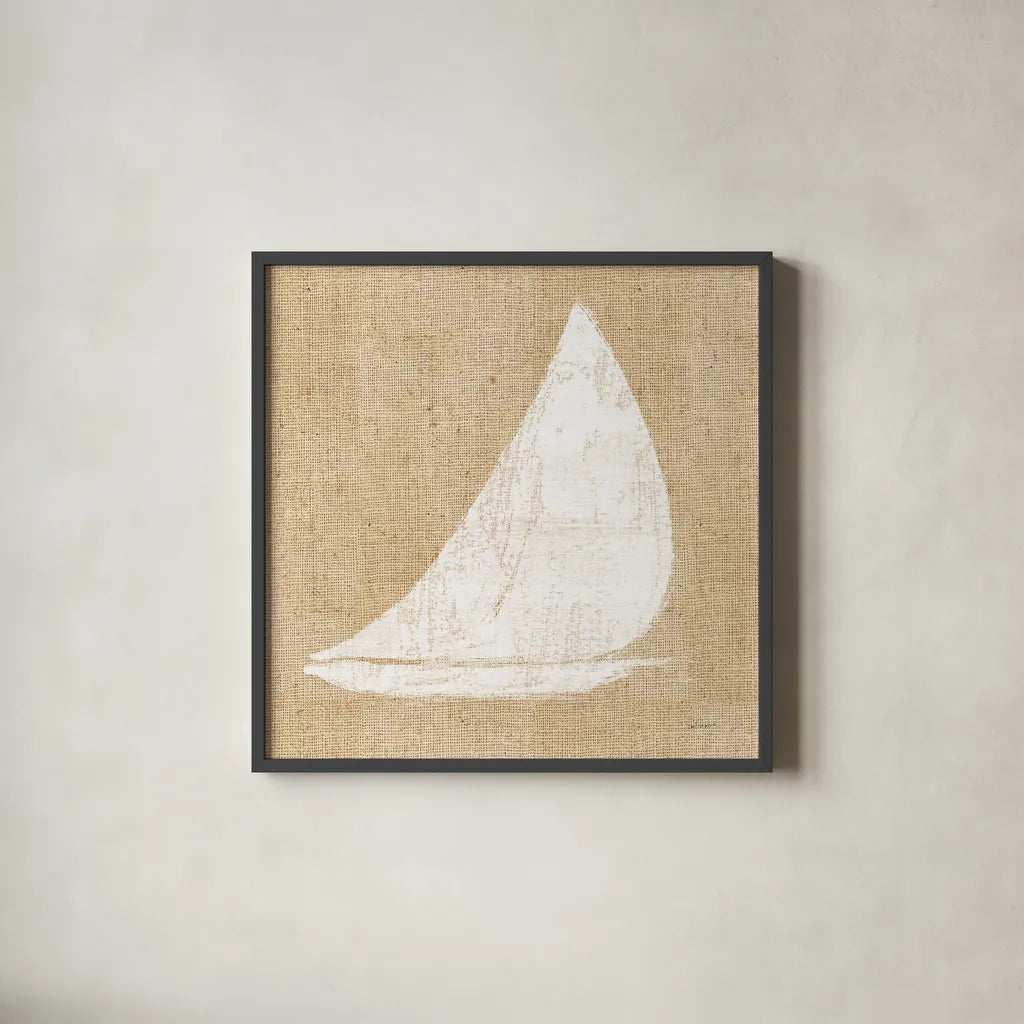 Driftwood Coast I White Burlap by Sue Schlabach. Shown in a sleek black glass frame for a contemporary gallery look. Available as an archival giclee rolled canvas, fine art paper, or poster print. SKU 61116a.