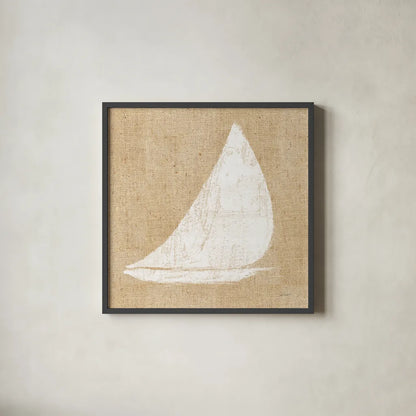 Driftwood Coast I White Burlap by Sue Schlabach. Shown in a sleek black glass frame for a contemporary gallery look. Available as an archival giclee rolled canvas, fine art paper, or poster print. SKU 61116a.
