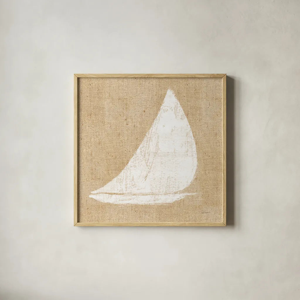 Driftwood Coast I White Burlap by Sue Schlabach. Shown in a natural wood glass frame for a timeless modern aesthetic. Available as an archival giclee rolled canvas, fine art paper, or poster print. SKU 61116a.