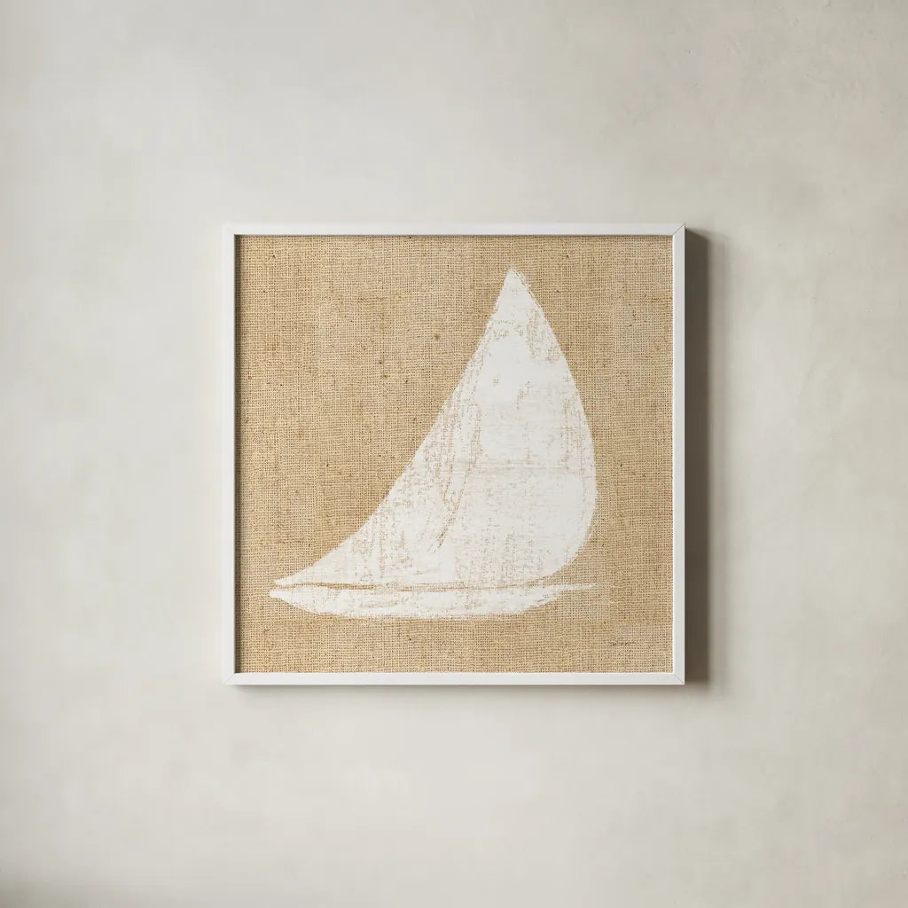 Driftwood Coast I White Burlap by Sue Schlabach. Shown in a crisp white glass frame for a clean and minimalist style. Available as an archival giclee rolled canvas, fine art paper, or poster print. SKU 61116a.